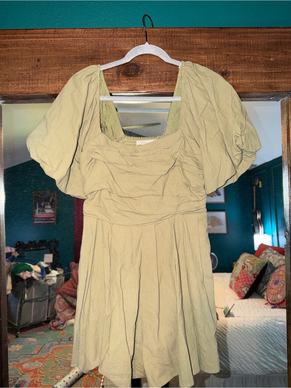 Mustard Seed Olive Puff-Sleeve Mini Dress